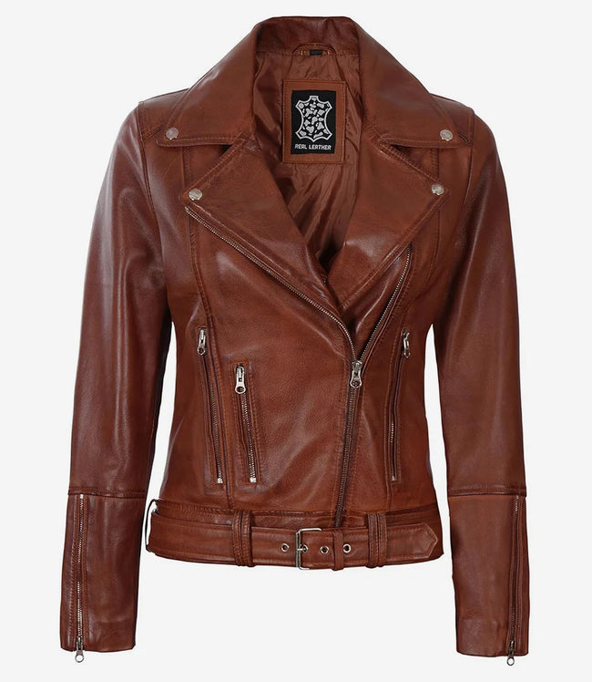Womens Asymmetrical Moto Cognac Leather Jacket