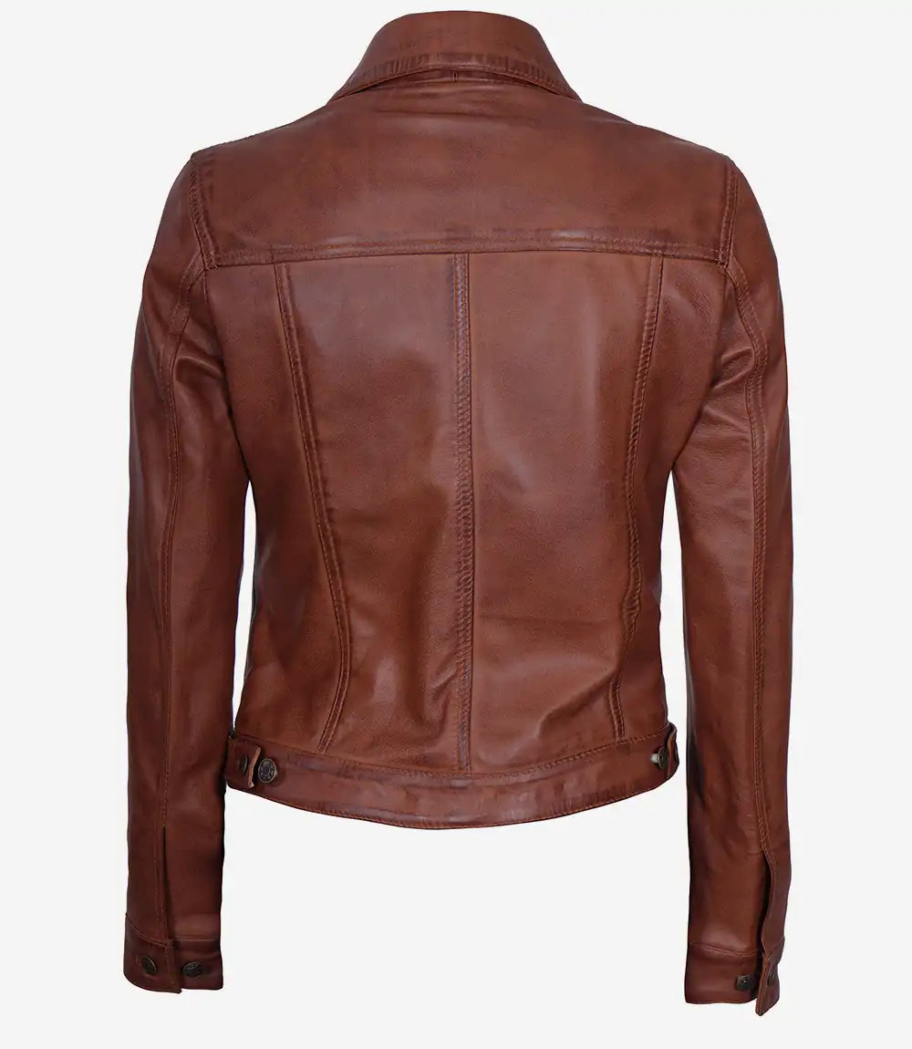 Womens Cognac Trucker Leather Jacket