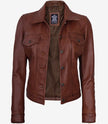 Womens Cognac Trucker Leather Jacket