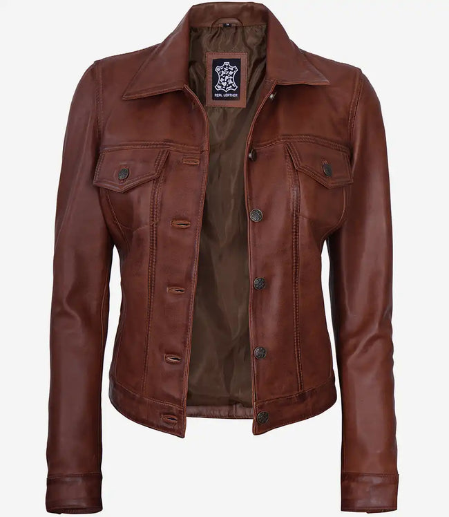 Womens Cognac Trucker Leather Jacket