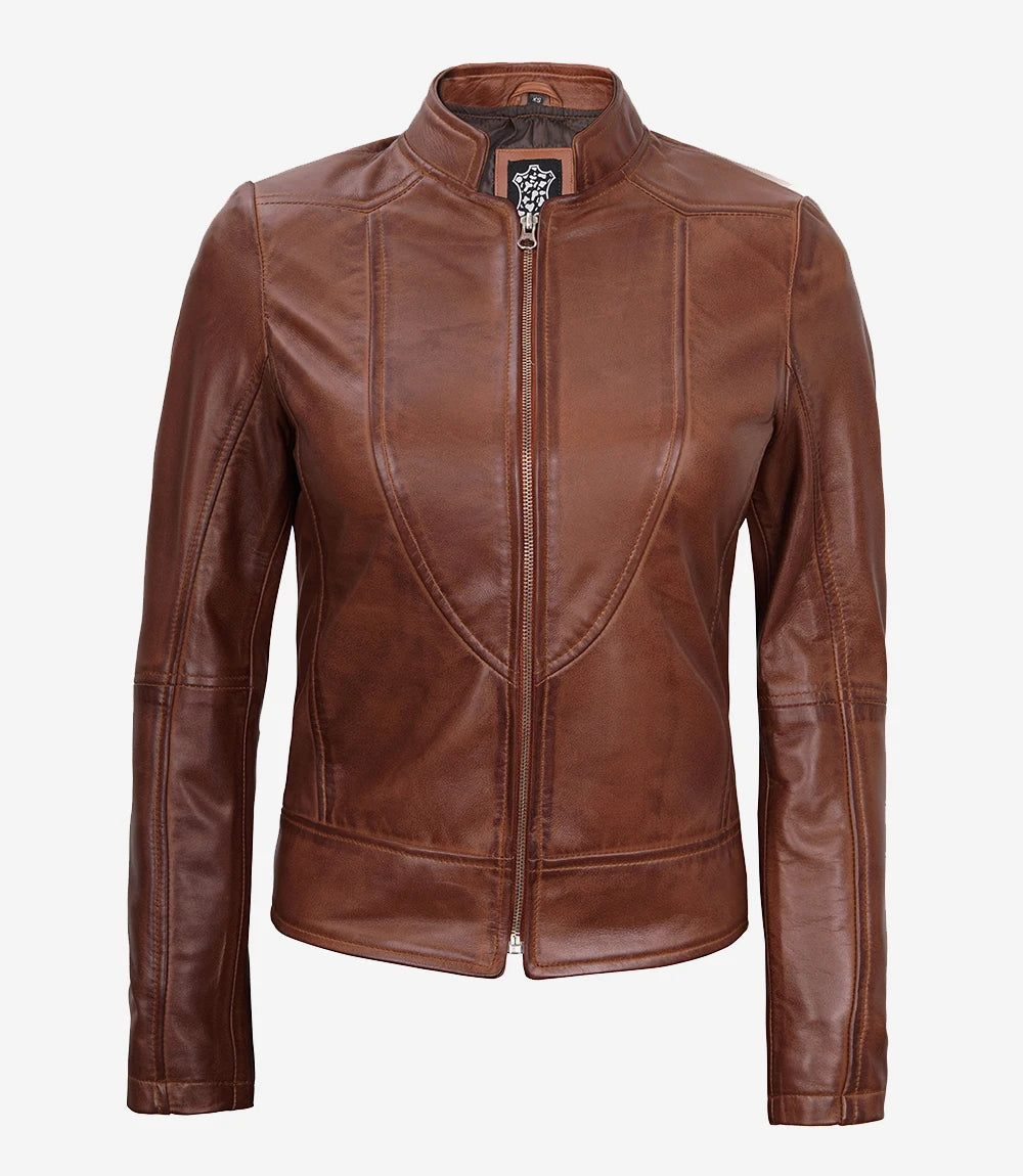 Womens Real Lambskin Leather Cognac Biker Jacket