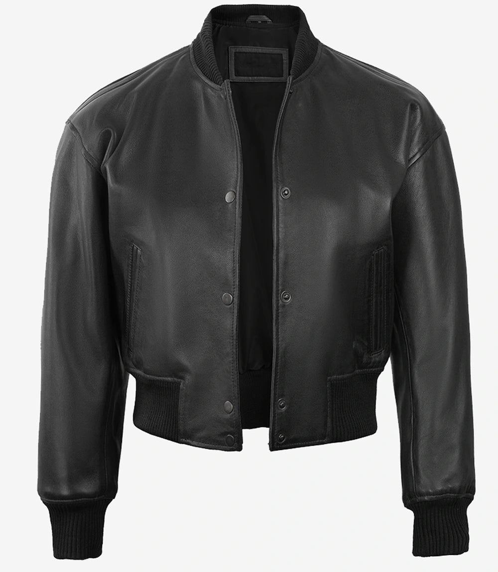 Womens Drop Shoulder Black Bomber Leather Jacket
