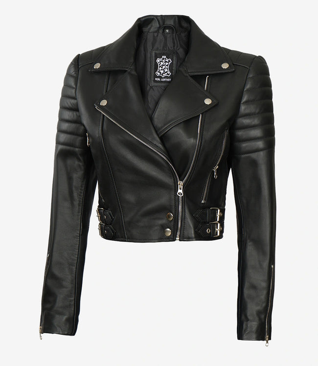 Women Asymmetrical Black Cropped Moto Leather Jacket