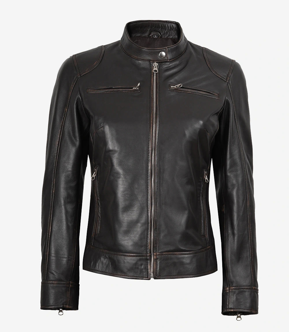 Womens Ruboff Brown Distressed Biker Leather Jacket