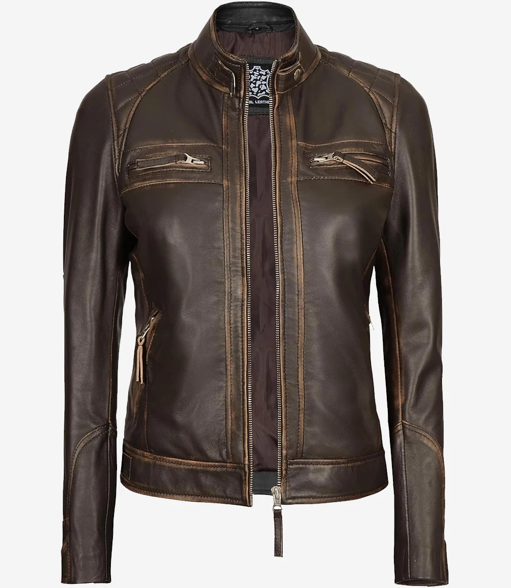 Womens Rub off Real Lambskin Leather Motorcycle Jacket