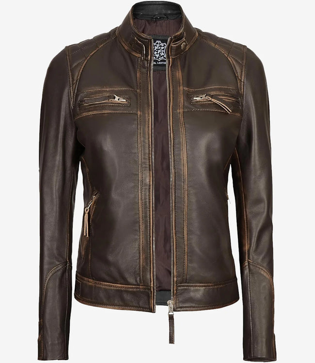 Womens Rub off Real Lambskin Leather Motorcycle Jacket