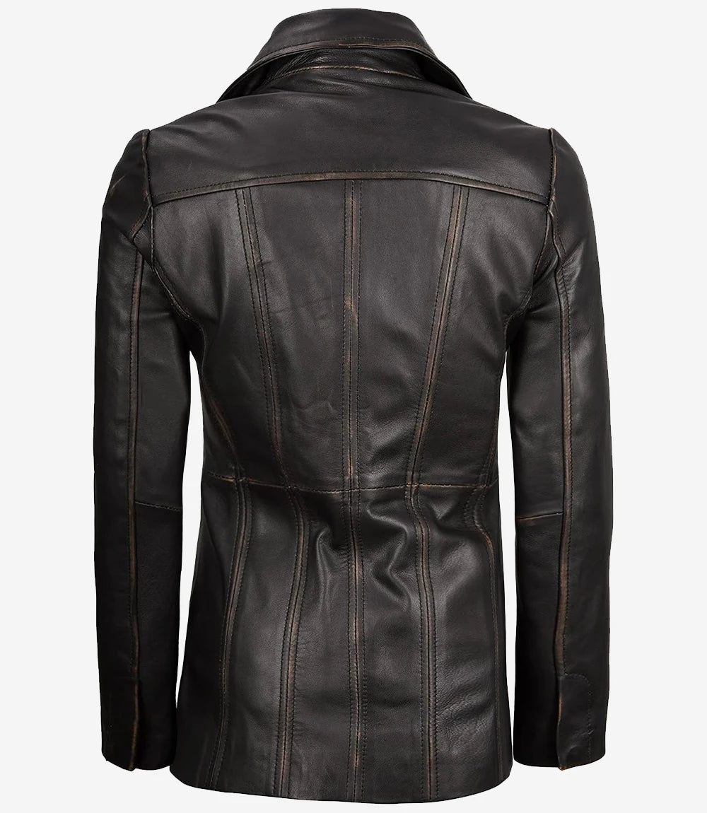 Womens Three Button Rub Off Brown Leather Blazer