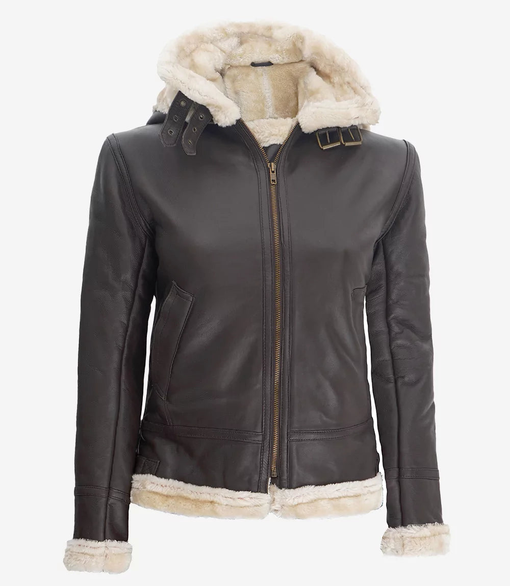 Womens Dark Brown Shearling Leather Jacket With Hood