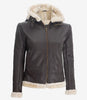 Womens Dark Brown Shearling Leather Jacket With Hood