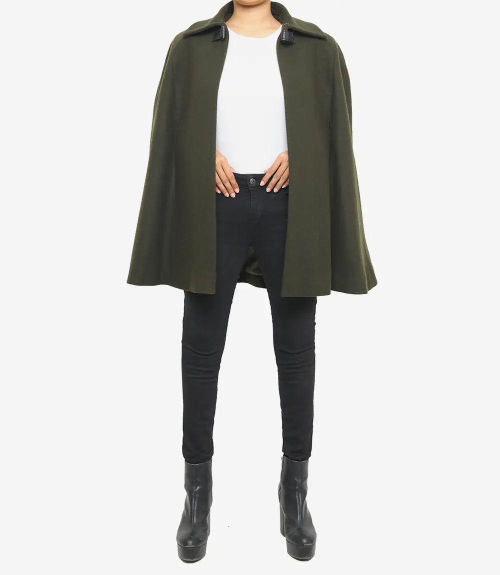 Womens Olive Green Wool Coat With Fur Collar