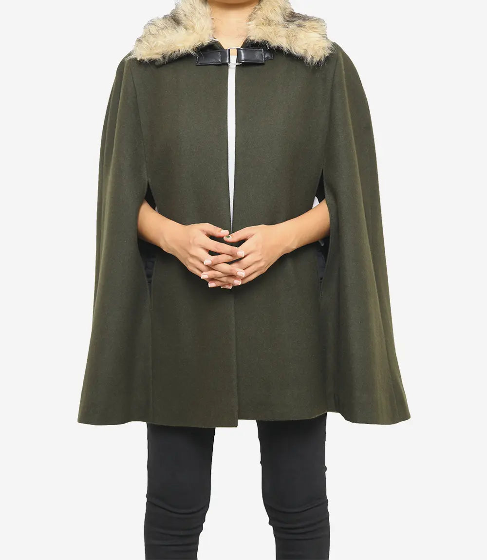 Womens Olive Green Wool Coat With Fur Collar