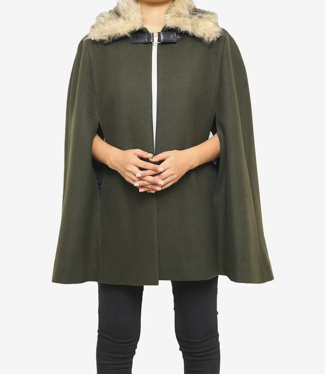 Womens Olive Green Wool Coat With Fur Collar
