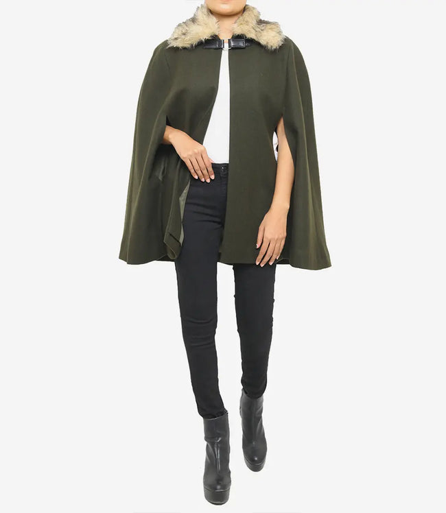 Womens Olive Green Wool Coat With Fur Collar