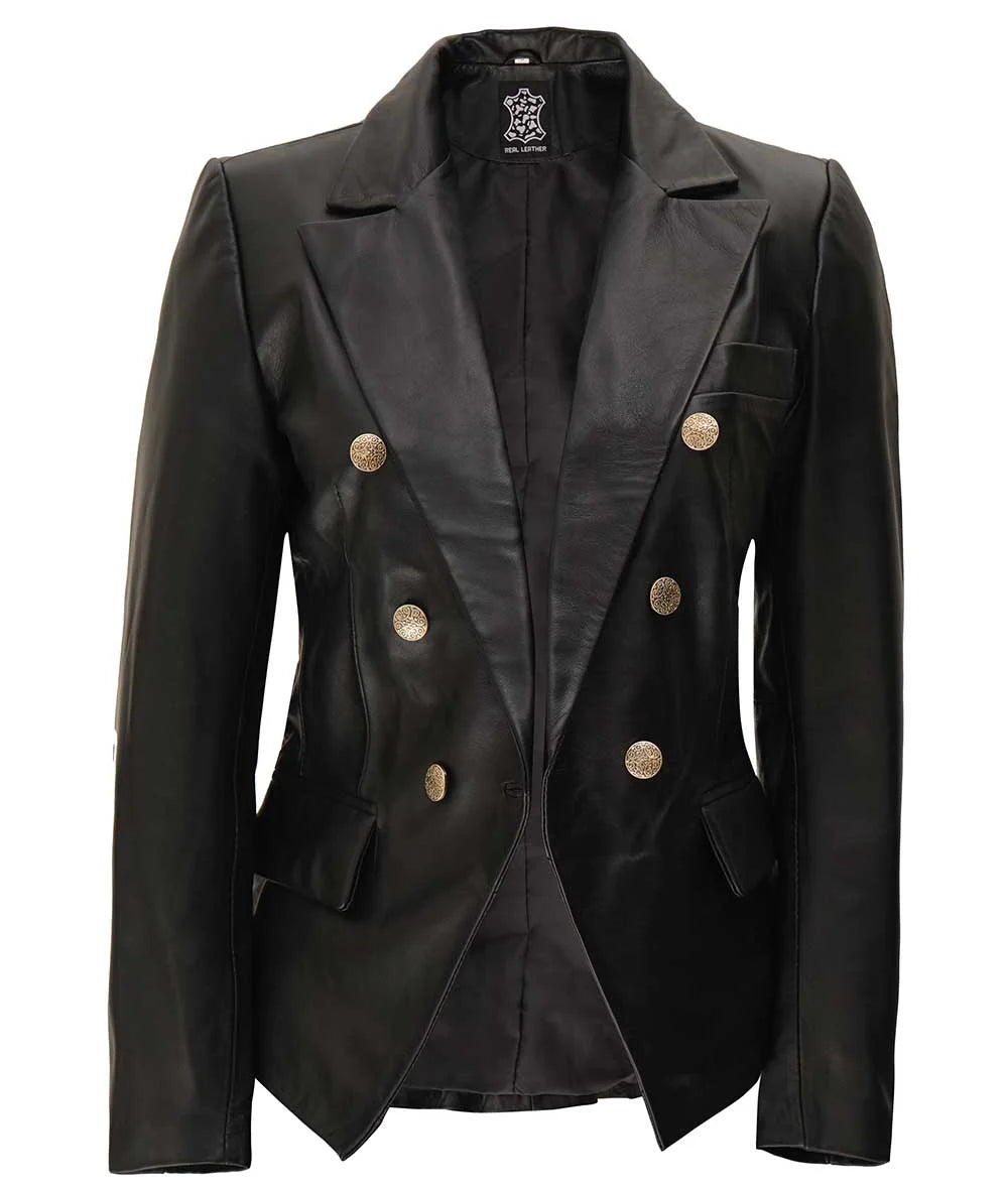 Double Breasted Black Leather Blazer Women
