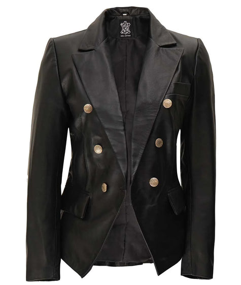 Double Breasted Black Leather Blazer Women