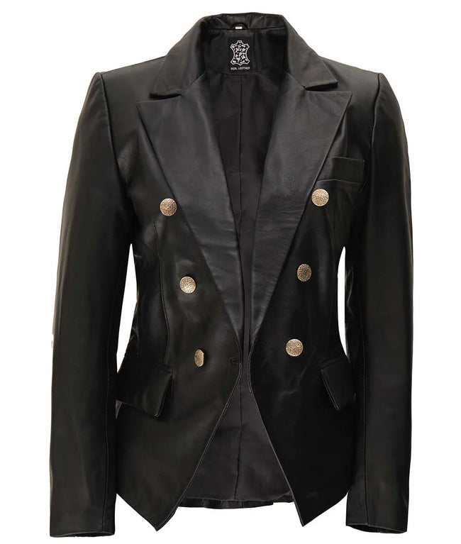 Double Breasted Black Leather Blazer Women