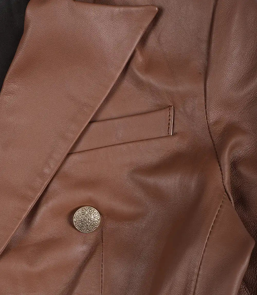 Double Breasted Cognac Leather Blazer Women