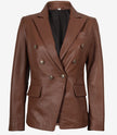 Double Breasted Cognac Leather Blazer Women