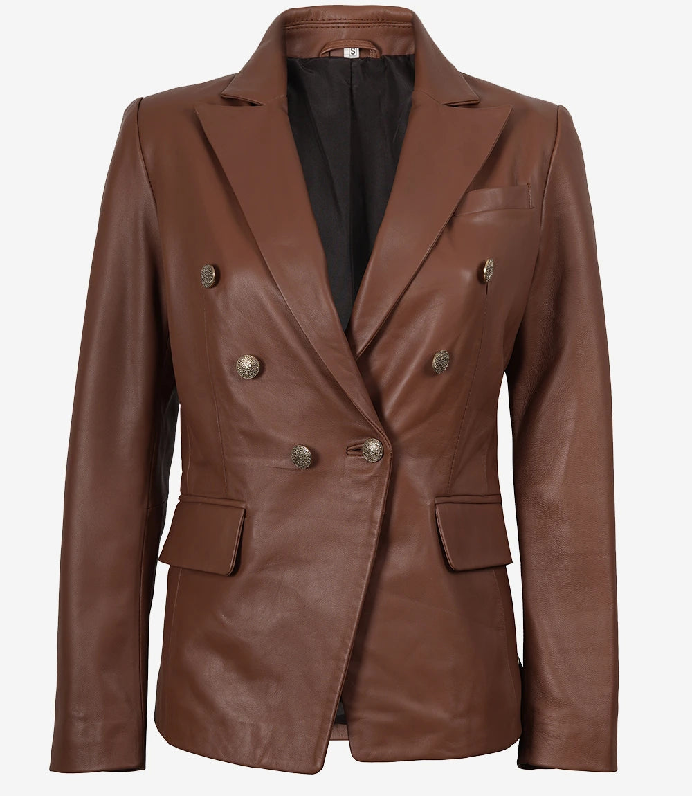 Double Breasted Cognac Leather Blazer Women