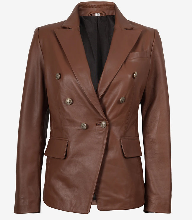 Double Breasted Cognac Leather Blazer Women