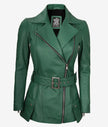 Womens Green Belted Moto Leather Jacket