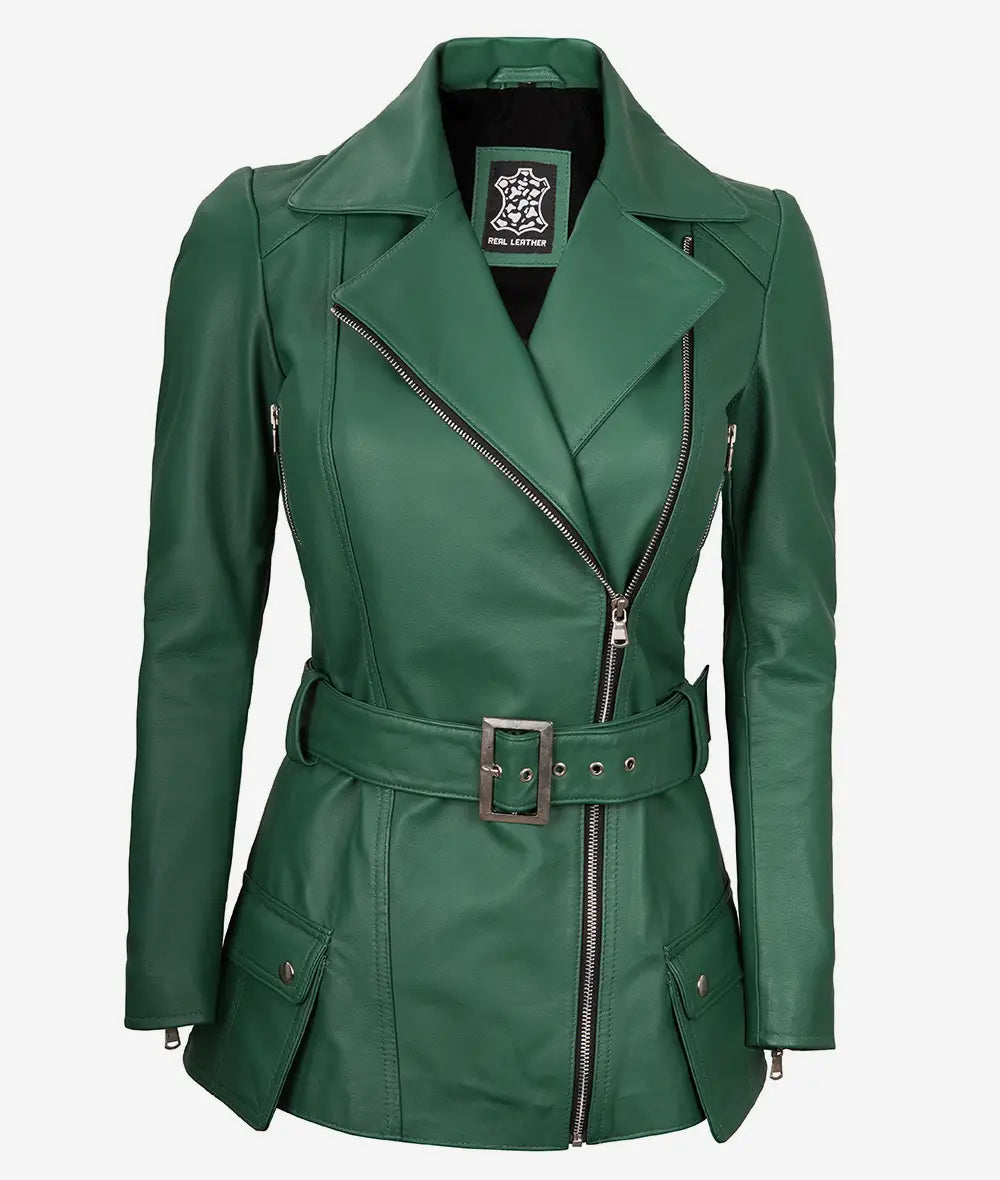 Womens Green Belted Moto Leather Jacket
