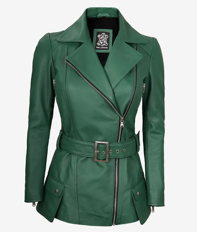 Womens Green Belted Moto Leather Jacket