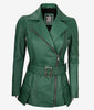 Womens Green Belted Moto Leather Jacket