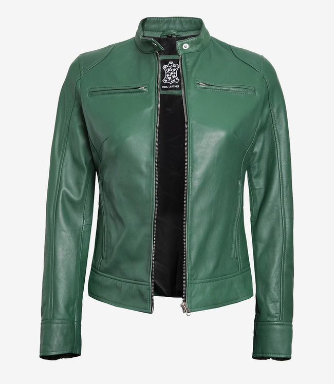 Womens Biker Racer Green Leather Jacket