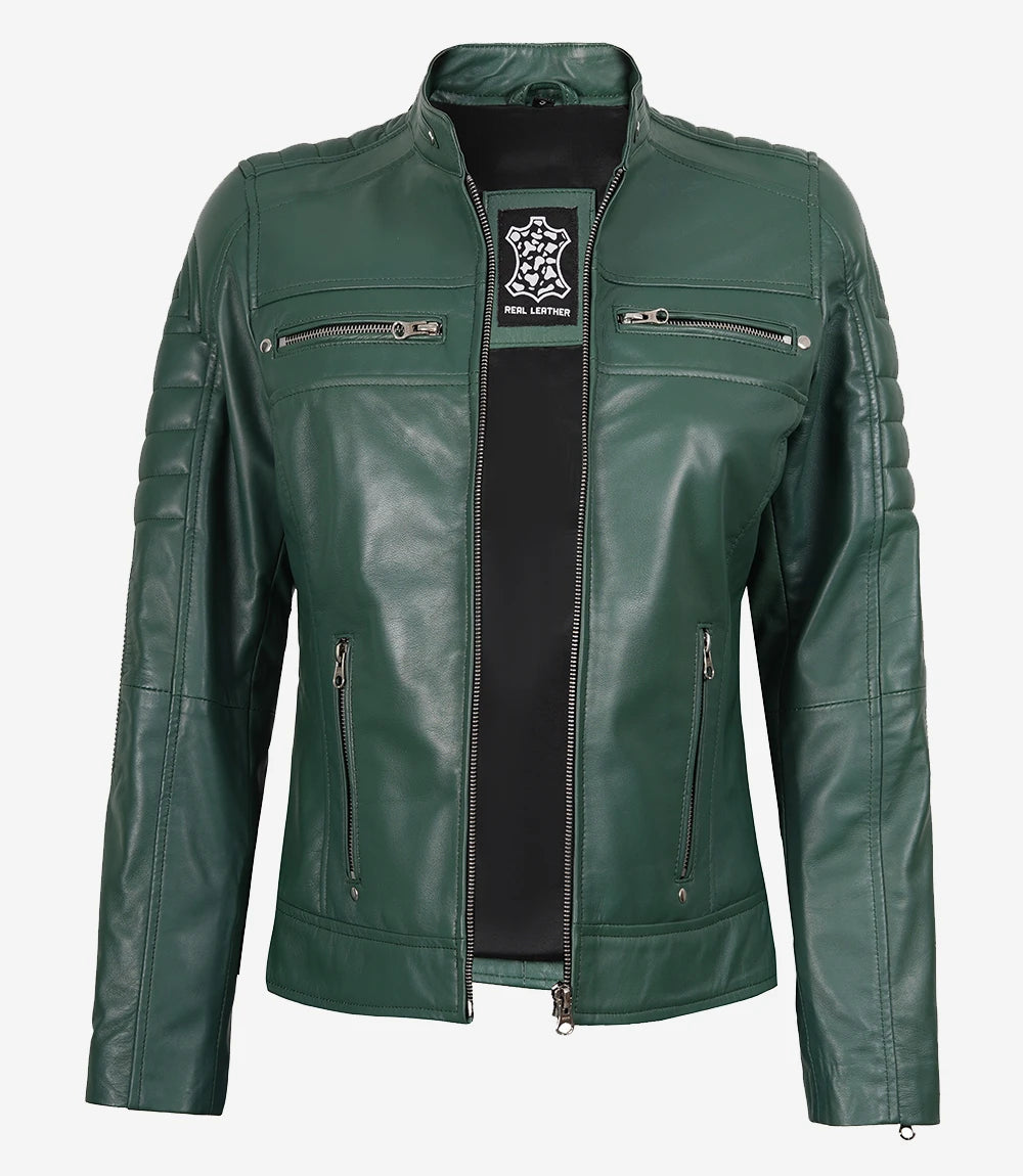 Womens Real Leather Green Biker Jacket