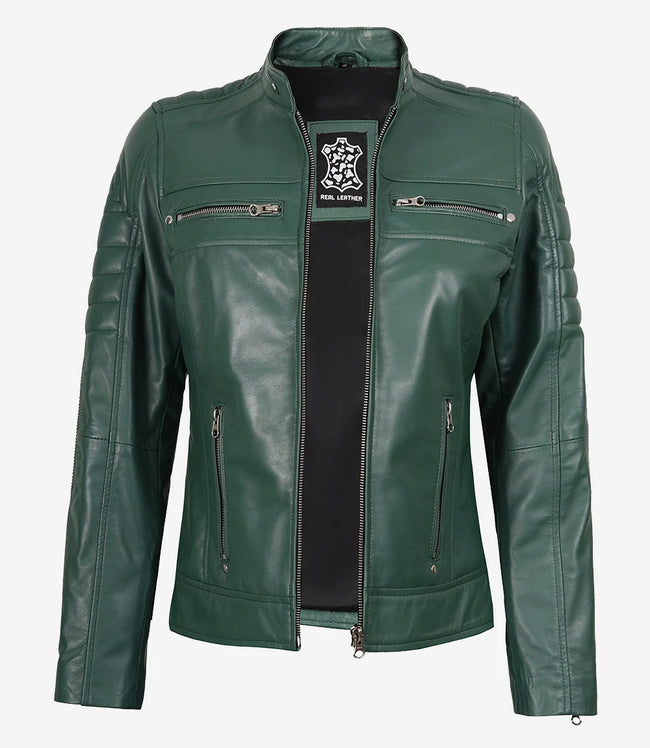 Womens Real Leather Green Biker Jacket