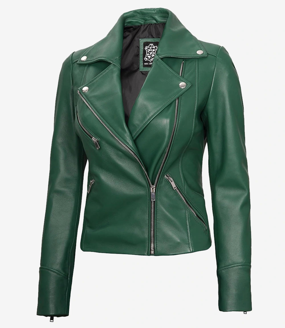 Womens Real Lambskin Leather Green Moto Jacket
