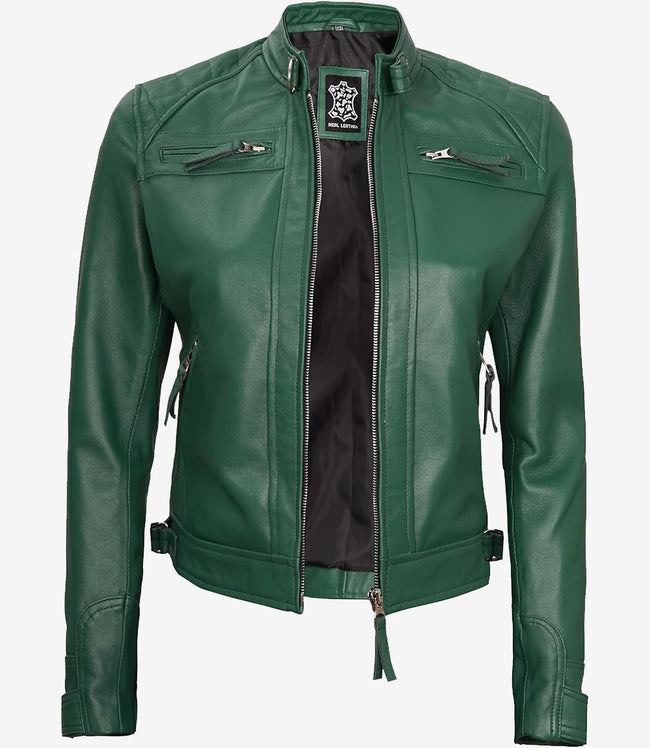 Womens Real Lambskin Leather Green Quilted Biker Jacket