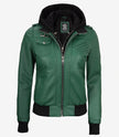 Womens Green Hooded Bomber Leather Jacket