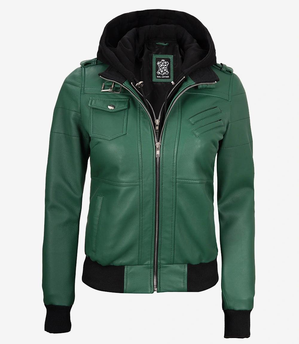 Womens Green Hooded Bomber Leather Jacket