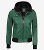 Womens Green Hooded Bomber Leather Jacket