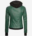 Womens Green Bomber Leather Jacket with Removable Hood