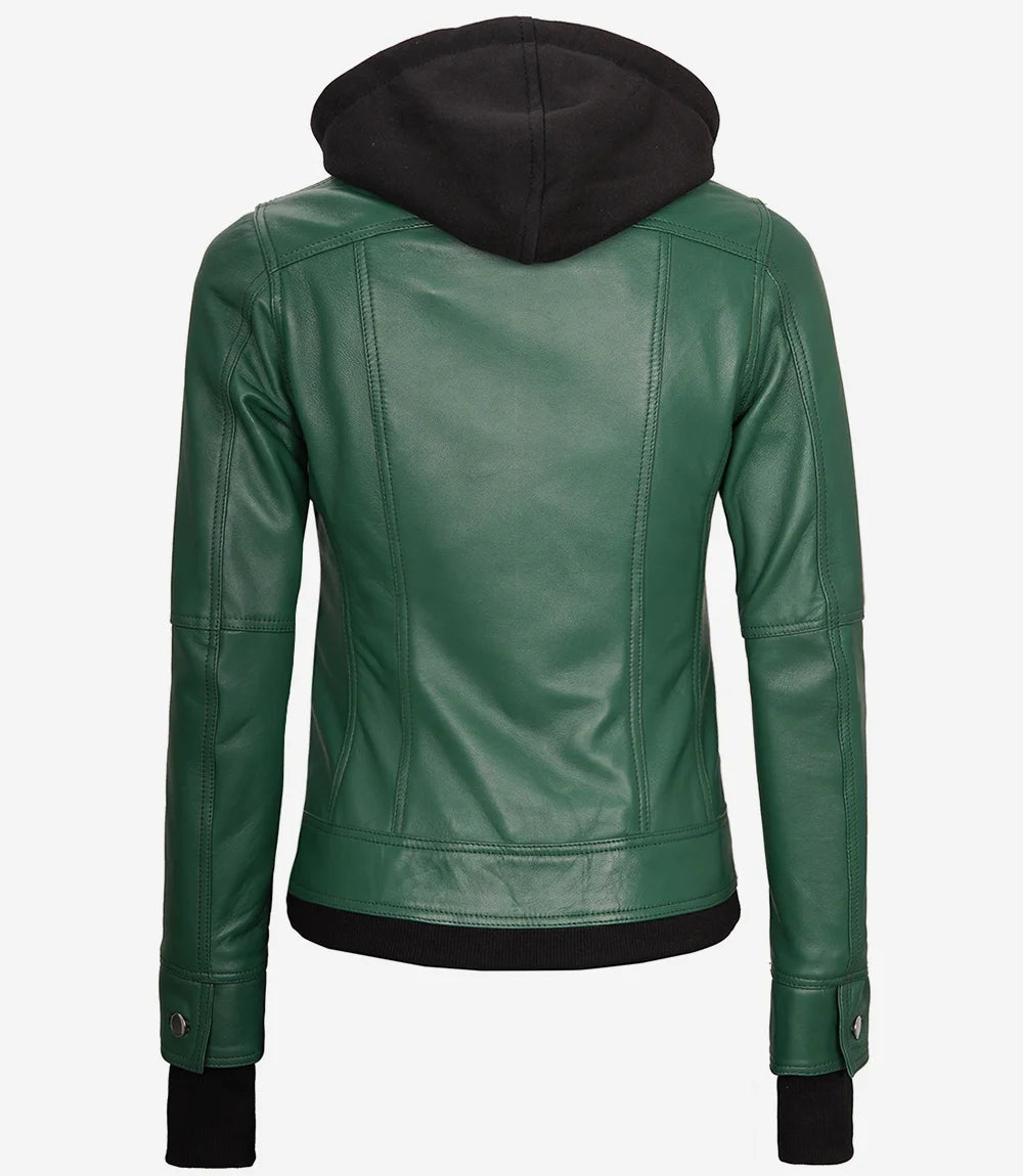 Womens Green Bomber Leather Jacket with Removable Hood