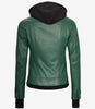 Womens Green Bomber Leather Jacket with Removable Hood