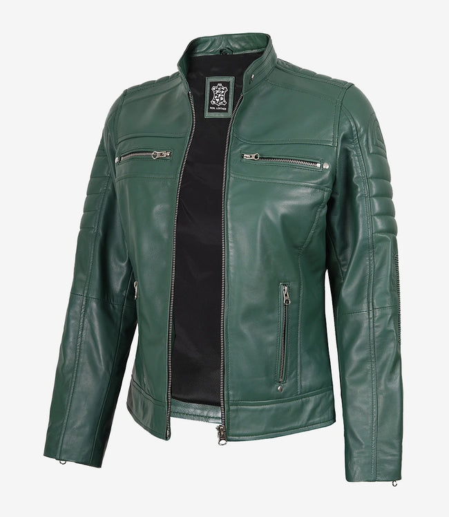 Womens Real Leather Green Biker Jacket
