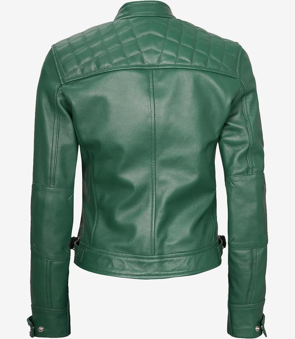 Womens Real Lambskin Leather Green Quilted Biker Jacket