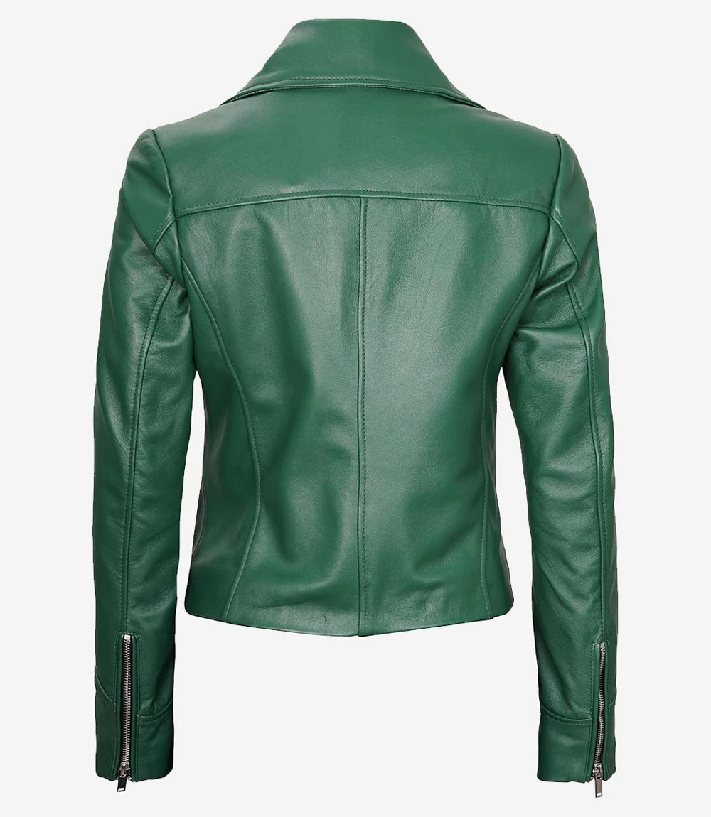 Womens Real Lambskin Leather Green Moto Jacket