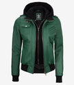 Womens Green Hooded Bomber Leather Jacket