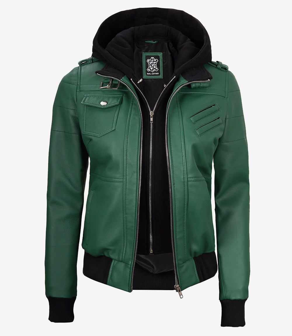 Womens Green Hooded Bomber Leather Jacket