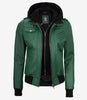 Womens Green Hooded Bomber Leather Jacket