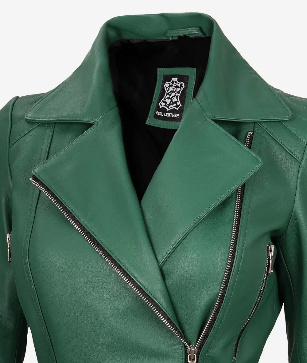 Womens Green Belted Moto Leather Jacket