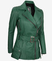 Womens Green Belted Moto Leather Jacket