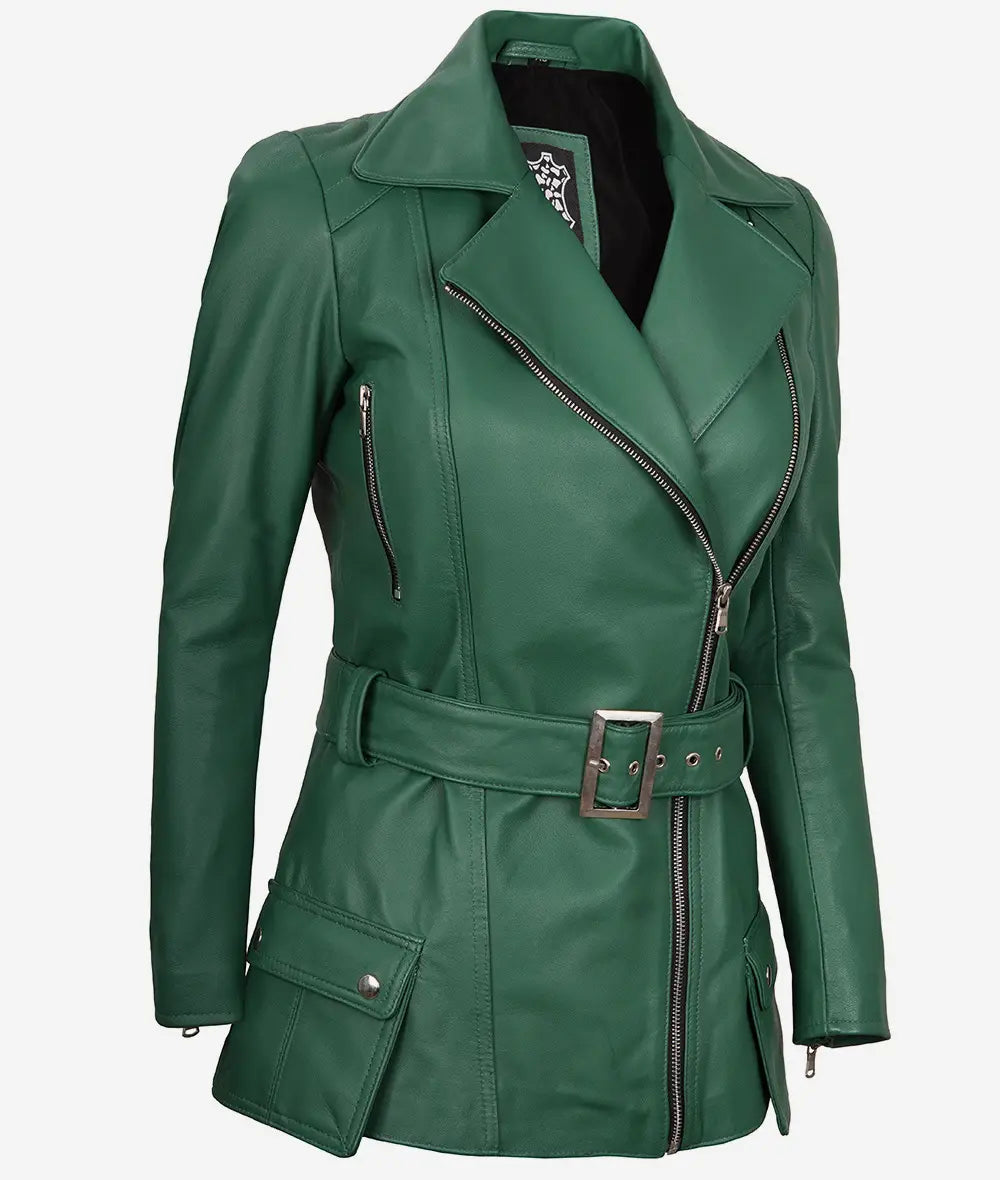 Womens Green Belted Moto Leather Jacket
