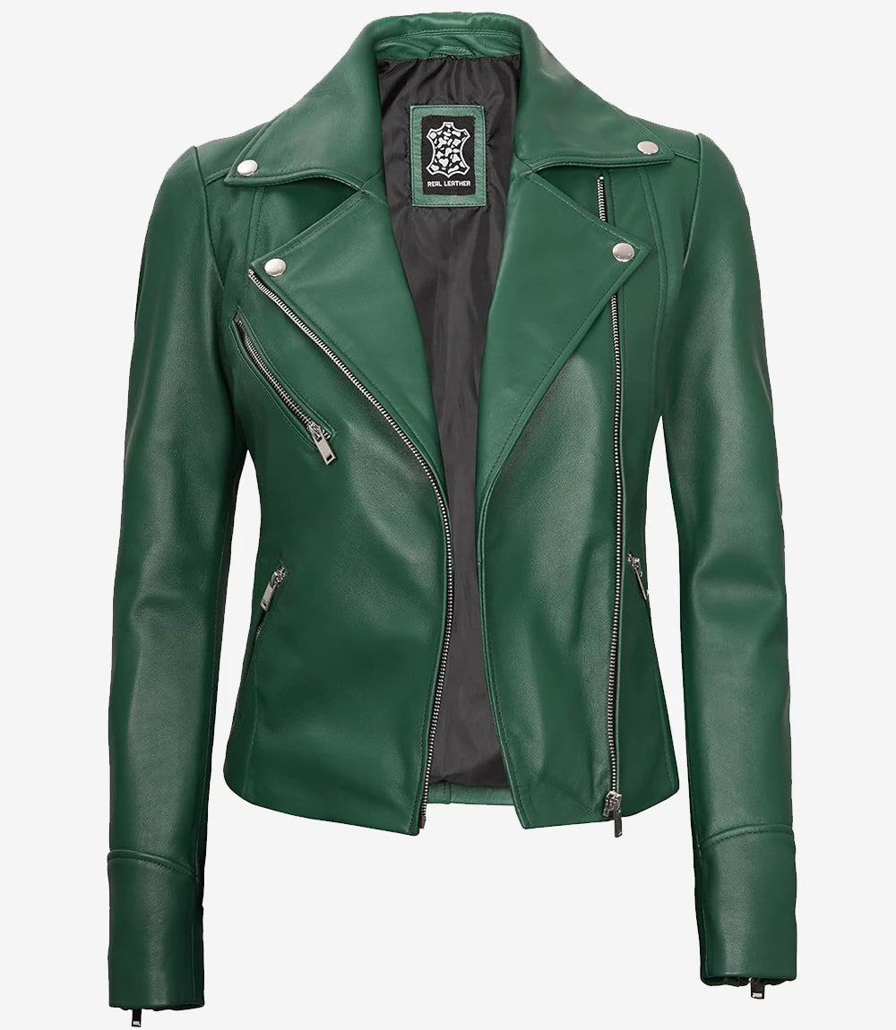 Womens Real Lambskin Leather Green Moto Jacket