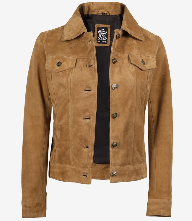 Womens Light Brown Suede Leather Trucker Jacket